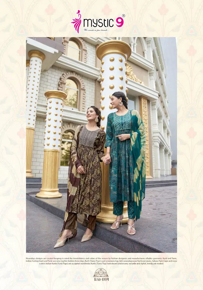 Pushpa Vol 1 By Mystic 9 Rayon Capsule Foil Printed Kurti With Bottom Dupatta Wholesale Shop In Surat